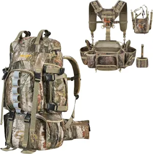NEW VIEW 60L Hunting Backpack with Waterproof Rain Cover & Hunting Fanny Waist Pack for Men