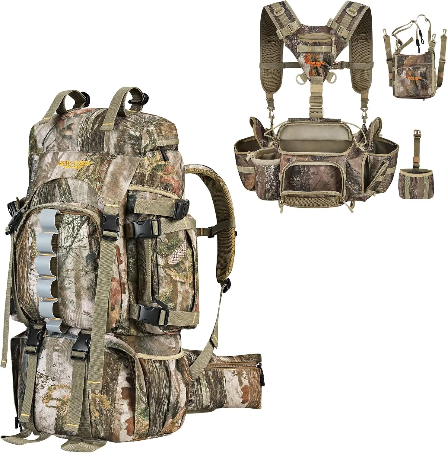 NEW VIEW 60L Hunting Backpack with Waterproof Rain Cover & Hunting Fanny Waist Pack for Men
