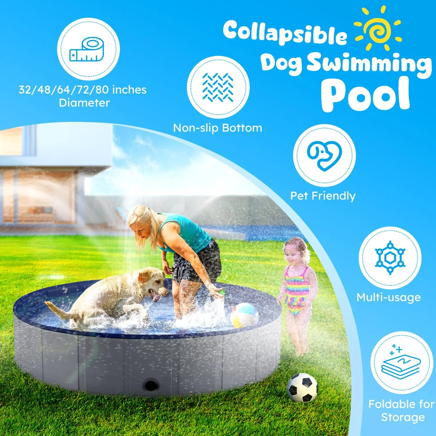 Niubya Portable Dog Pool, Foldable Pet Swimming Pool, Anti-Slip Collapsible Pet Bathtub, Hard Plastic Bath Pool for Pets Dogs and Cats, 97 x 16 Inches