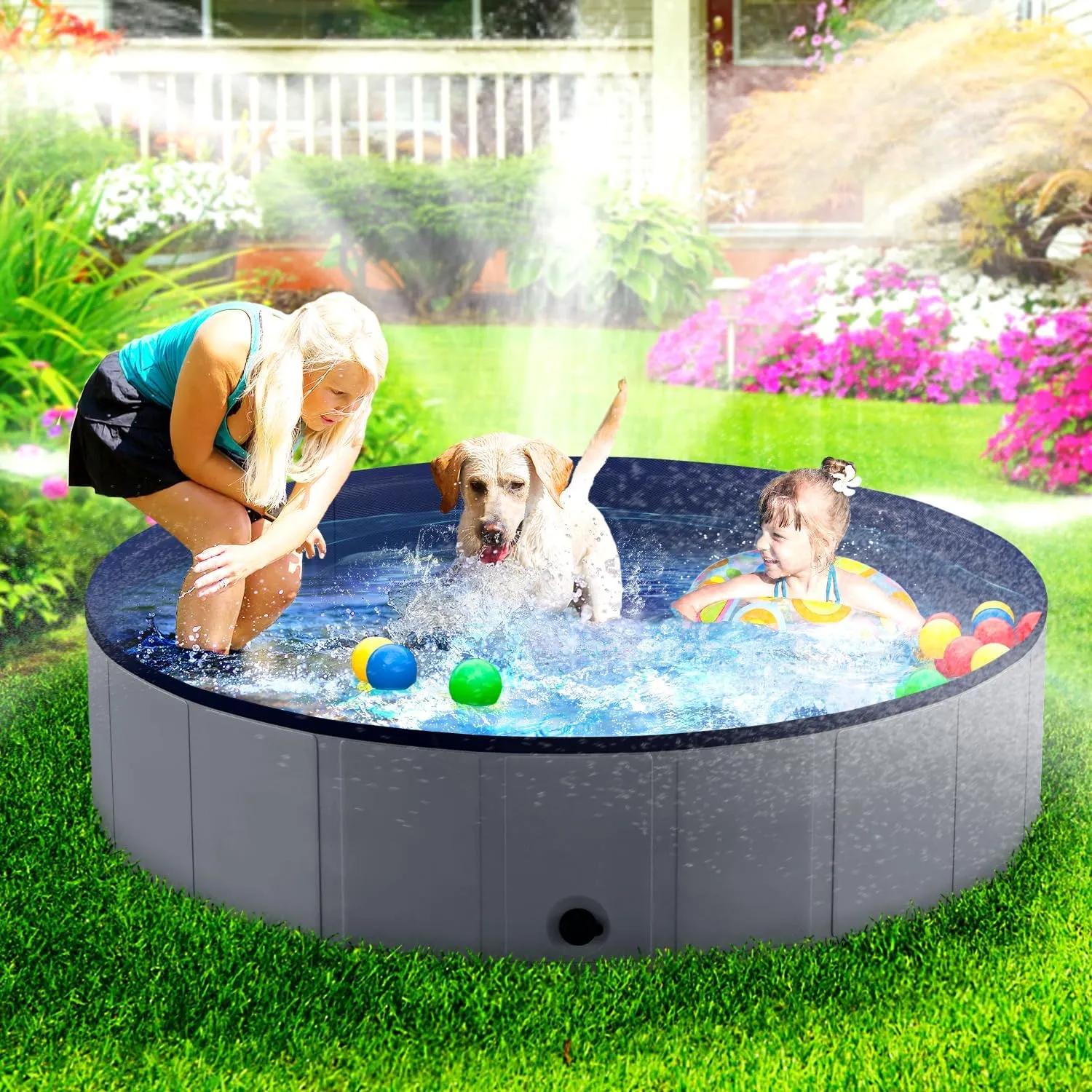 Niubya Portable Dog Pool, Foldable Pet Swimming Pool, Anti-Slip Collapsible Pet Bathtub, Hard Plastic Bath Pool for Pets Dogs and Cats, 97 x 16 Inches