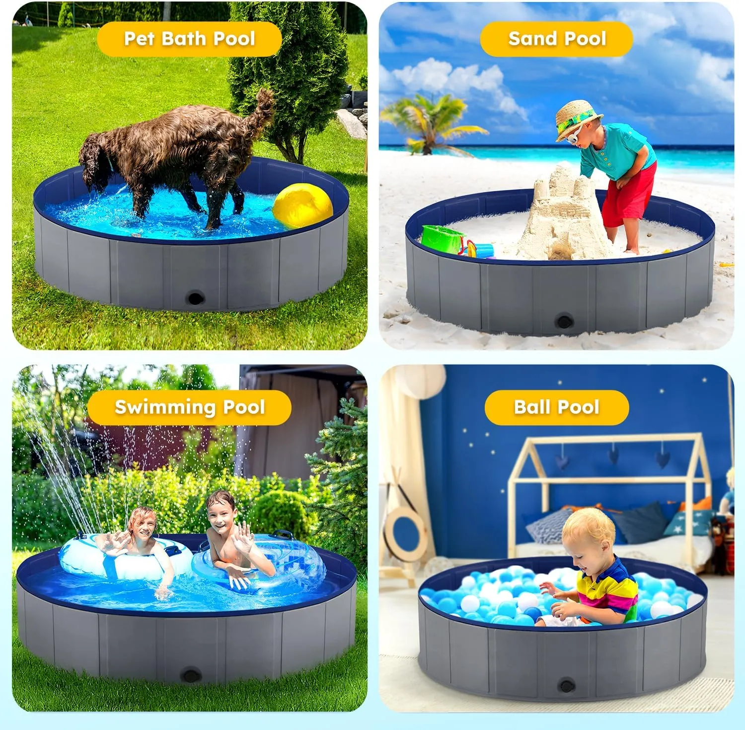 Niubya Portable Dog Pool, Foldable Pet Swimming Pool, Anti-Slip Collapsible Pet Bathtub, Hard Plastic Bath Pool for Pets Dogs and Cats, 97 x 16 Inches