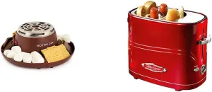 Nostalgia Tabletop Indoor Electric S'mores Maker - Brown & 2 Slot Hot Dog and Bun Toaster with Mini Tongs, Retro Toaster, Cooker that Works Chicken, Turkey, Veggie Links, Sausages Brats, Metallic Red