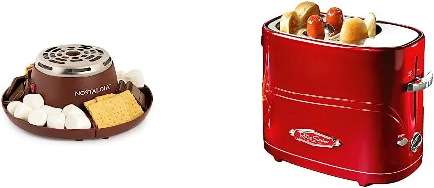 Nostalgia Tabletop Indoor Electric S'mores Maker - Brown & 2 Slot Hot Dog and Bun Toaster with Mini Tongs, Retro Toaster, Cooker that Works Chicken, Turkey, Veggie Links, Sausages Brats, Metallic Red