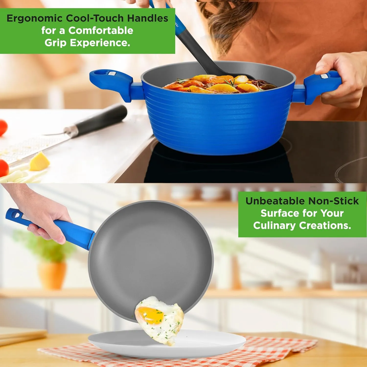 NutriChef 12-Piece Nonstick Kitchen Cookware Set - PFOA/PFOS-Free Heat Resistant Lacquer Kitchen Ware Pots Pan Set Light Gray/Blue - Saucepot, Pans, Cooking Pot Oven Pot, Lid, Utensils