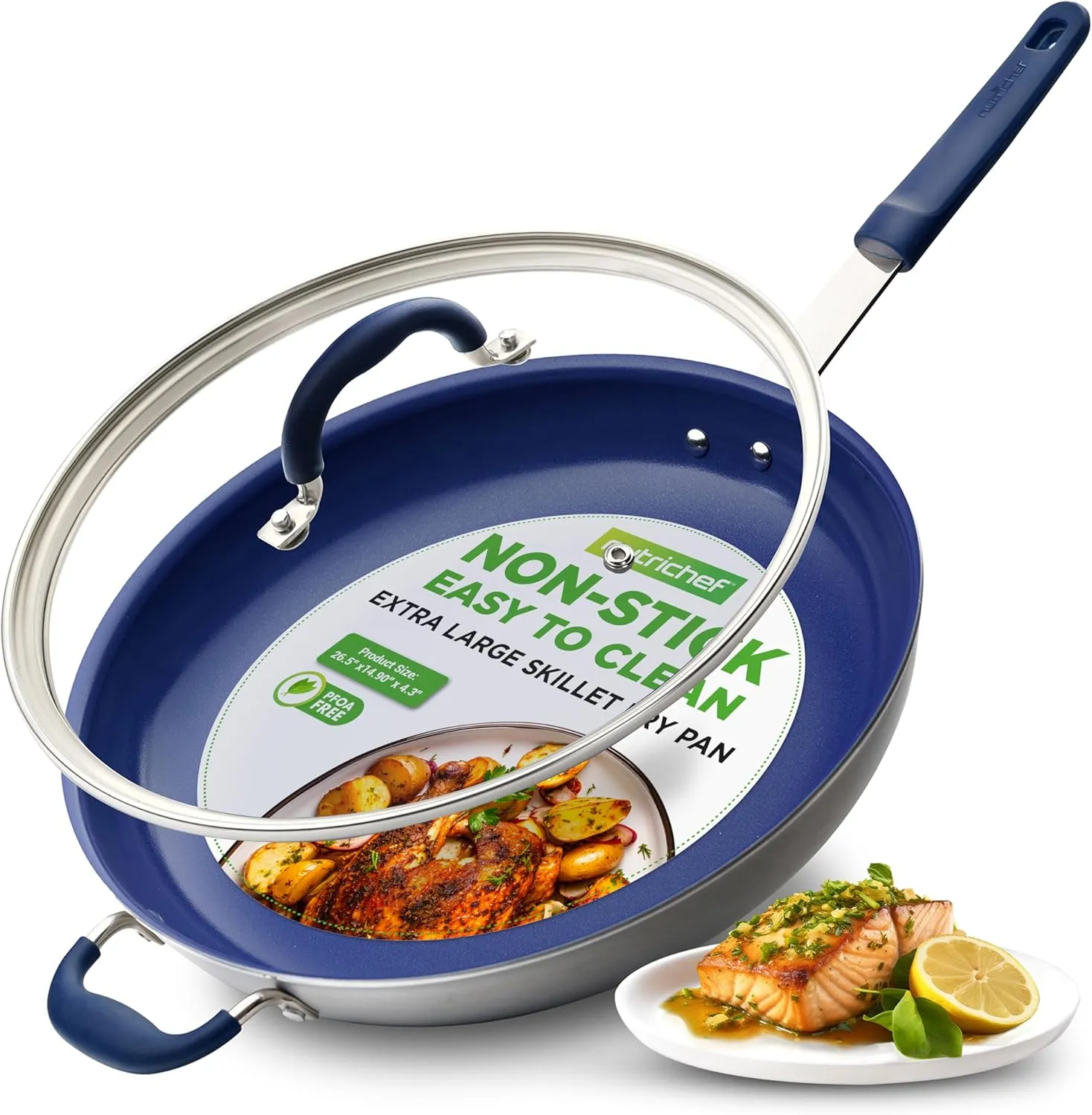 NutriChef 14" Fry Pan With Lid - Extra Large Skillet Nonstick Frying Pan with Silicone Handle, Ceramic Coating, Blue Silicone Handle, Stain-Resistant And Easy To Clean, Professional Home Cookware