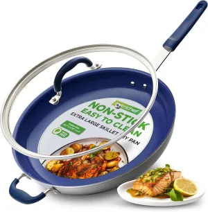 NutriChef 14" Fry Pan With Lid - Extra Large Skillet Nonstick Frying Pan with Silicone Handle, Ceramic Coating, Blue Silicone Handle, Stain-Resistant And Easy To Clean, Professional Home Cookware