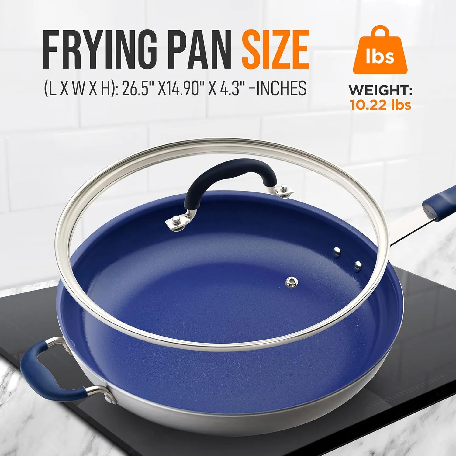NutriChef 14" Fry Pan With Lid - Extra Large Skillet Nonstick Frying Pan with Silicone Handle, Ceramic Coating, Blue Silicone Handle, Stain-Resistant And Easy To Clean, Professional Home Cookware