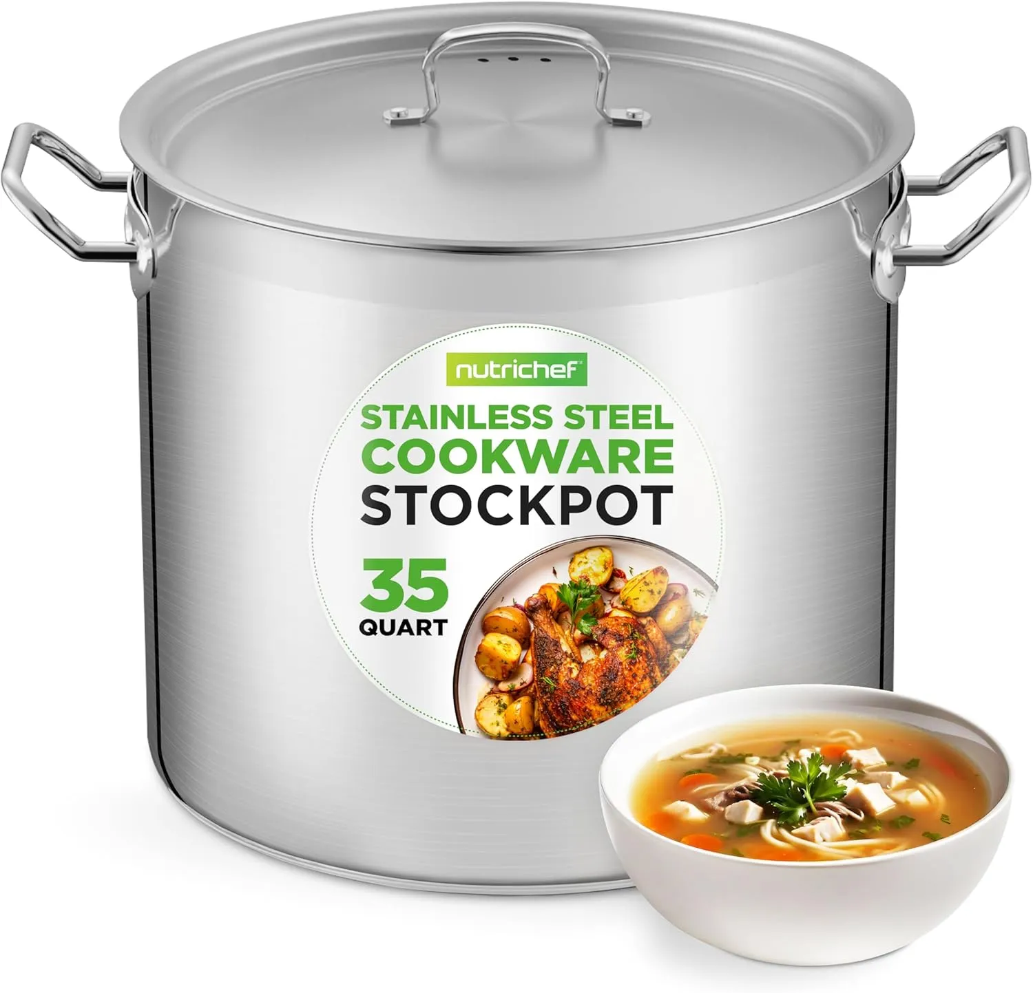 Nutrichef Stainless Steel Cookware Stockpot, 35 Quart Heavy Duty Induction Soup Pot With Stainless Steel Lid And Strong Riveted Handles, Even Heat Distribution, Compatible With Most Cooktops