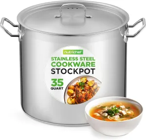Nutrichef Stainless Steel Cookware Stockpot, 35 Quart Heavy Duty Induction Soup Pot With Stainless Steel Lid And Strong Riveted Handles, Even Heat Distribution, Compatible With Most Cooktops