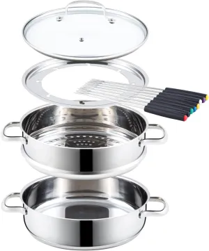 Nuwave Design-18/8 Stainless Steel Cookware,Free of PTFE PFOA PFOS,Fondue Pot Set,Works On All Cooktops and Induction Cooker,Include Pot,Steamer Basket,Glass Lid and 8 Fondue Forks,10 -Yeär Wärranty, 3.5Qt Pot, Silver