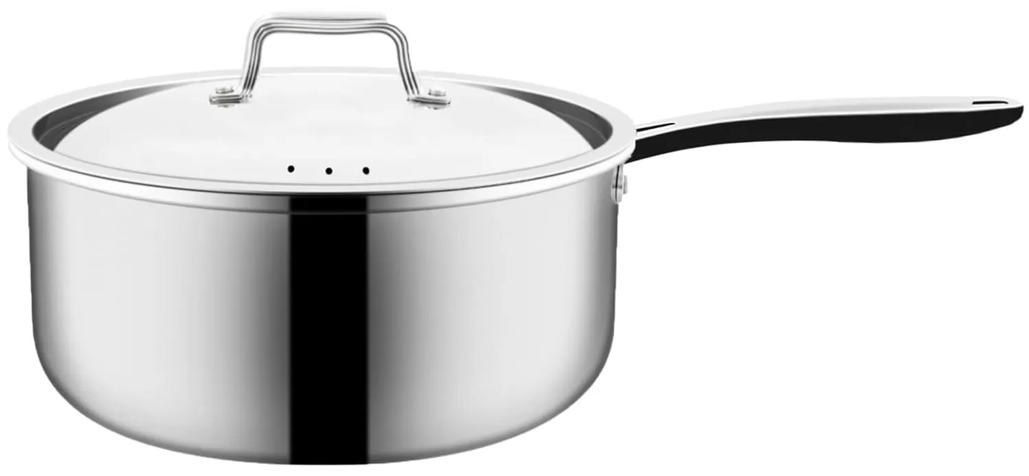 Nuwave Tri-Ply Stainless Steel Sauté Pan with Lid, Even-Heating Technology, 18/10 Deep&Heavy-Duty Construction, No PTFE PFOA PFOS, 5QT