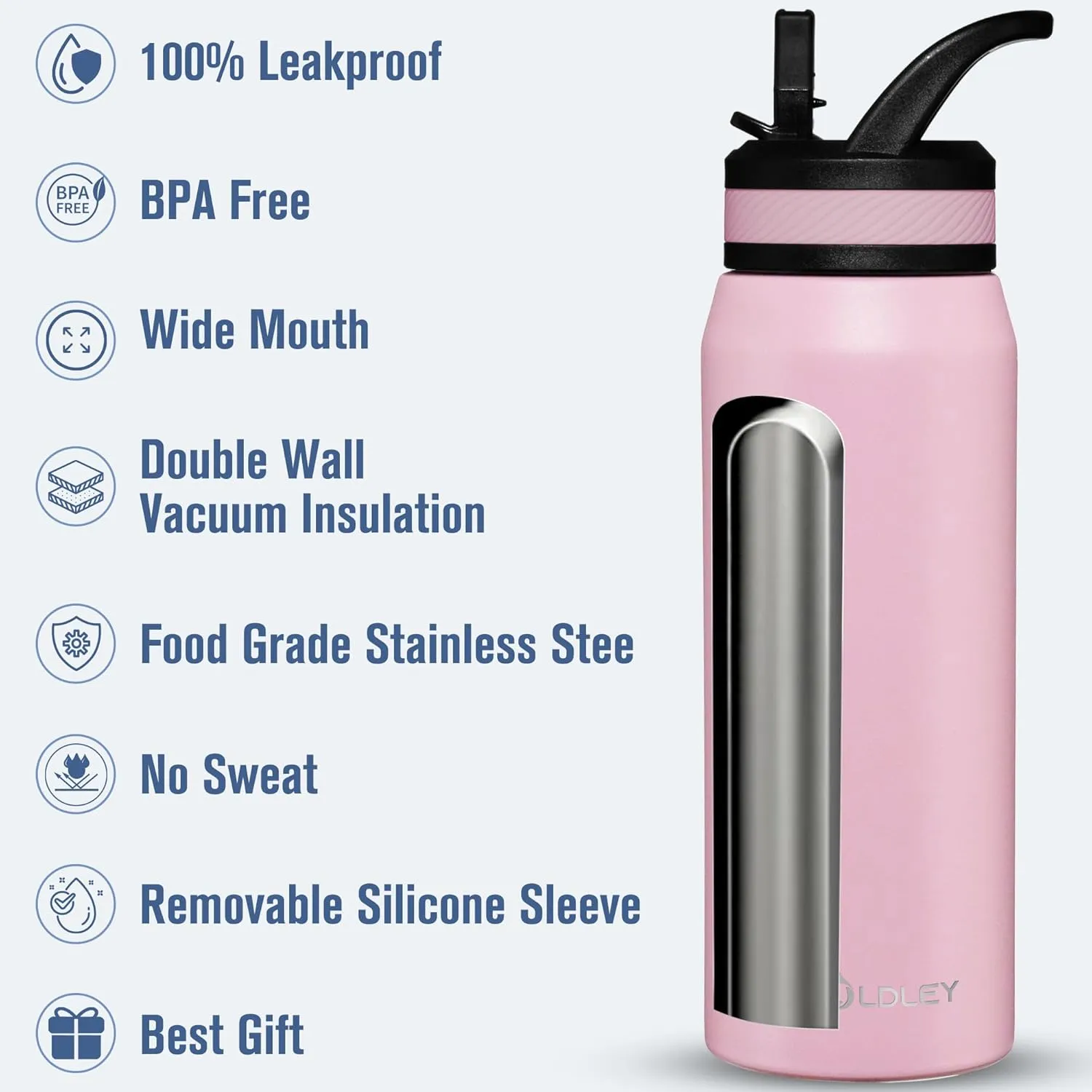 OLDLEY 24 oz Insulated Water Bottle With Straw, Stainless Steel Sports Water Cup Flask with 3 Lids(Straw, Spout and Handle Lid) Double Walled Travel Thermal Canteen Mug,Lavender Mist