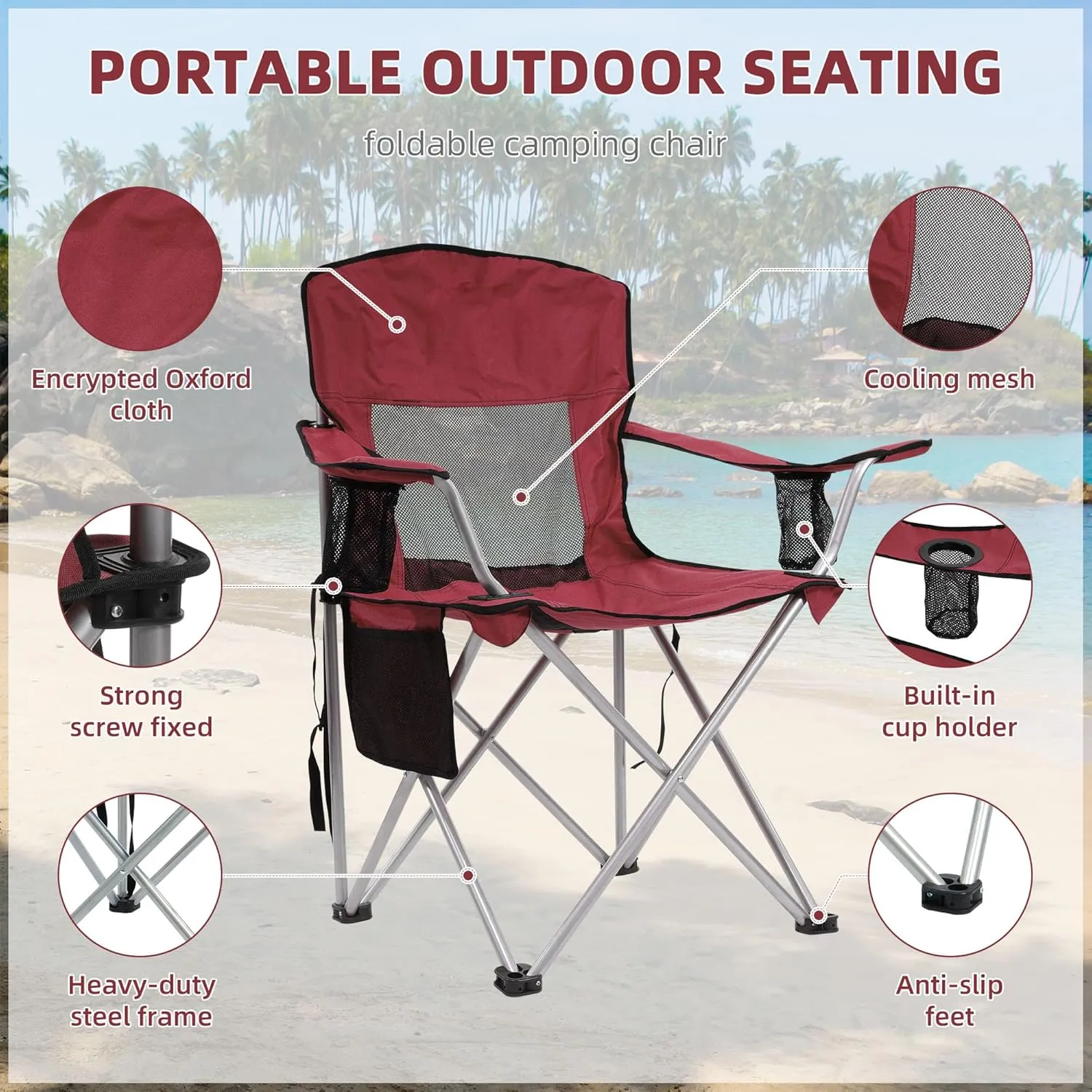 OLIXIS Elevon Camp Chairs Outdoor, Folding Chair Camping Recliner Support Mesh Backrest, Lawn Chair with Cup Holder, Storage Pocket, Carrying Bag