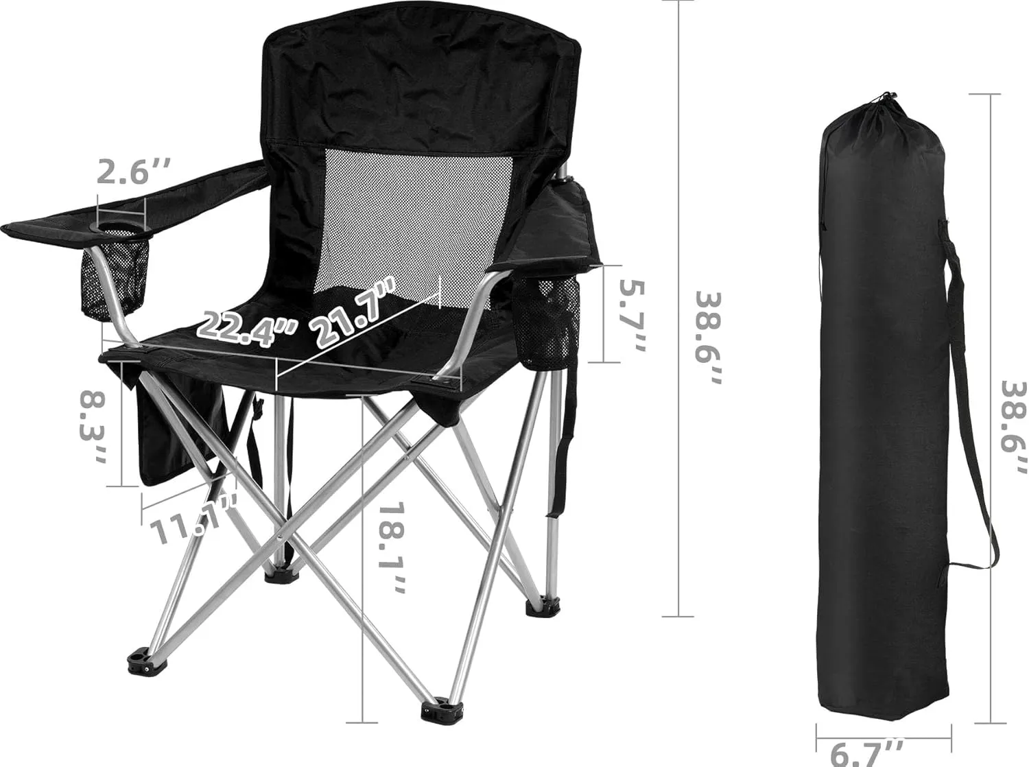 OLIXIS Elevon Camp Chairs Outdoor, Folding Chair Camping Recliner Support Mesh Backrest, Lawn Chair with Cup Holder, Storage Pocket, Carrying Bag