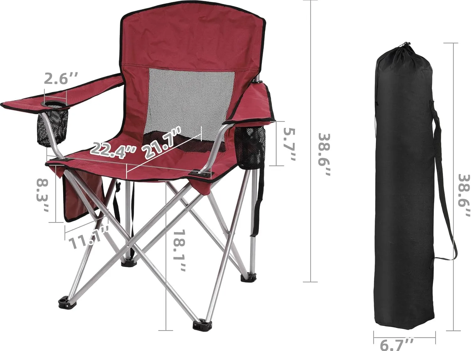 OLIXIS Elevon Camp Chairs Outdoor, Folding Chair Camping Recliner Support Mesh Backrest, Lawn Chair with Cup Holder, Storage Pocket, Carrying Bag