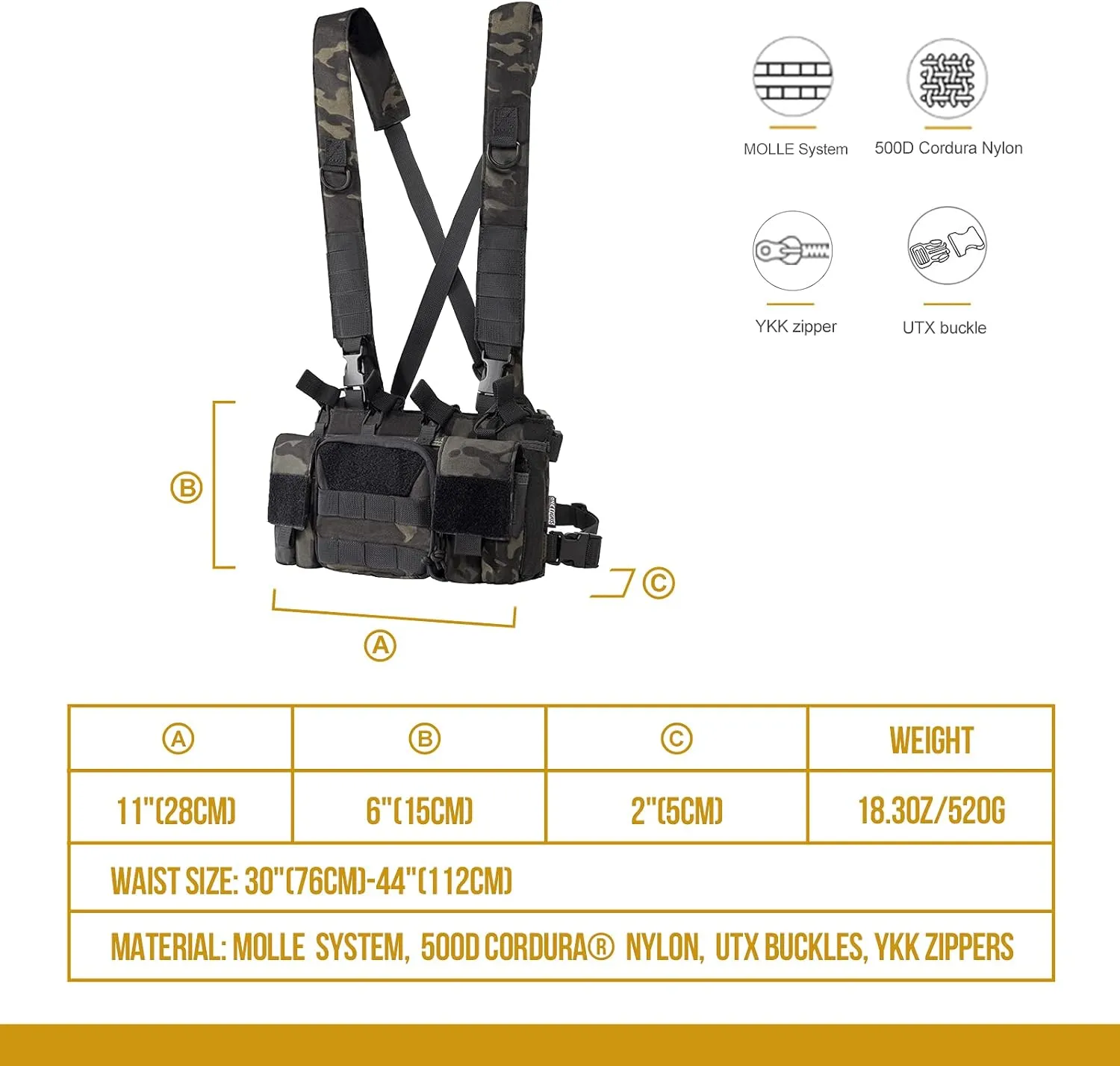 OneTigris Chest Rig, MOLLE Airsoft Chest Rigs Tactical Chest Rig Dangler Pouch Admin Pouch for Hunting Shooting Hiking