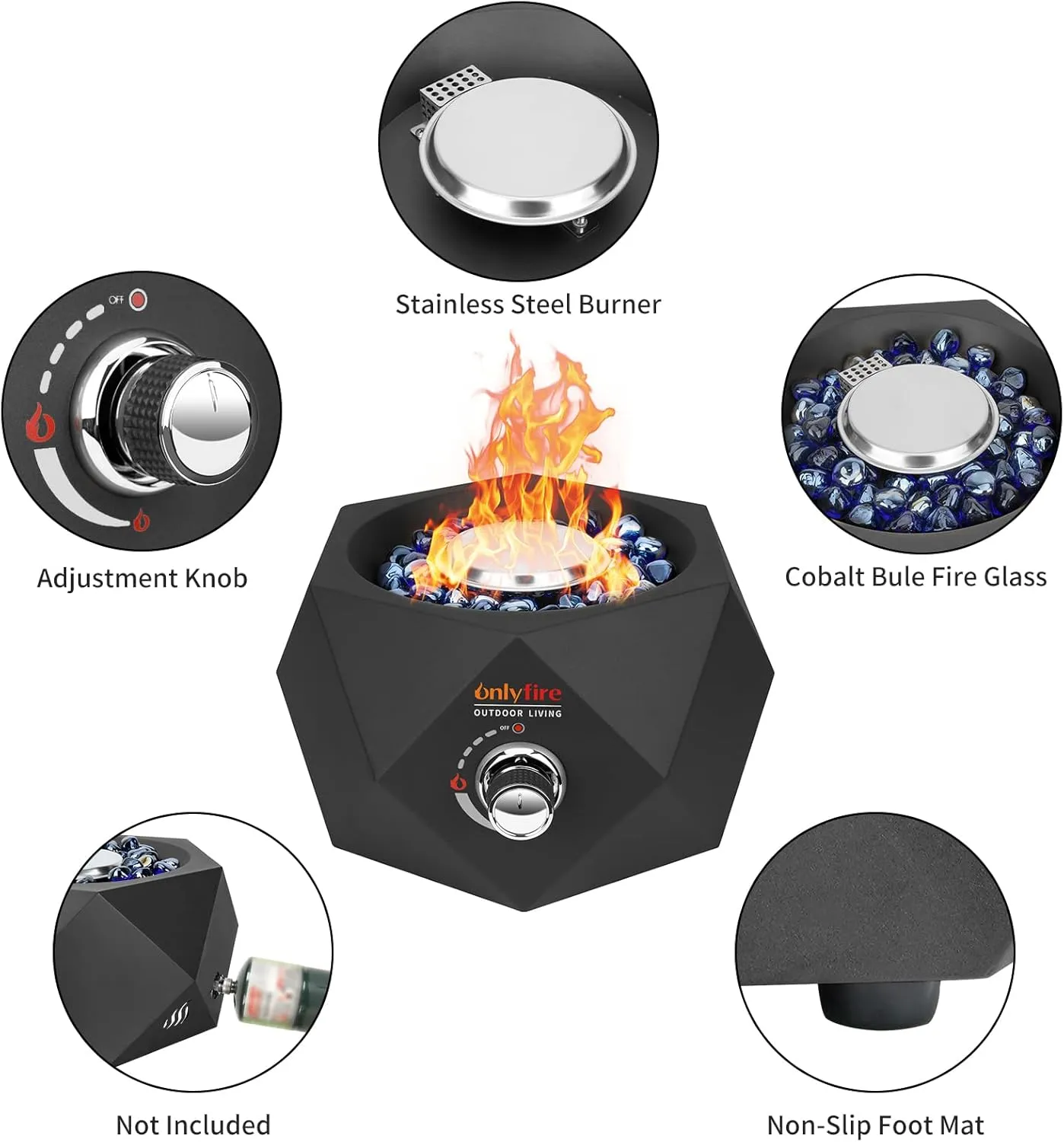 Onlyfire Propane Fire Pit with Blue Fire Glass Stones, 14" Portable Tabletop Fireplace, Table Smokeless Side-Mounted Gas Fire Bowl for Outdoor Patio Bonfire Camping, Black FP004