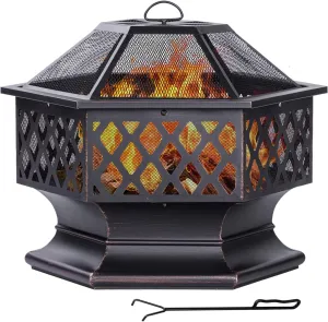 Outdoor Fire Pit, Hexagon Shaped Wood Burning Firepit for Outside Bonfire, Patio, Backyard and Camping (Antique Bronze, 28 Inch)