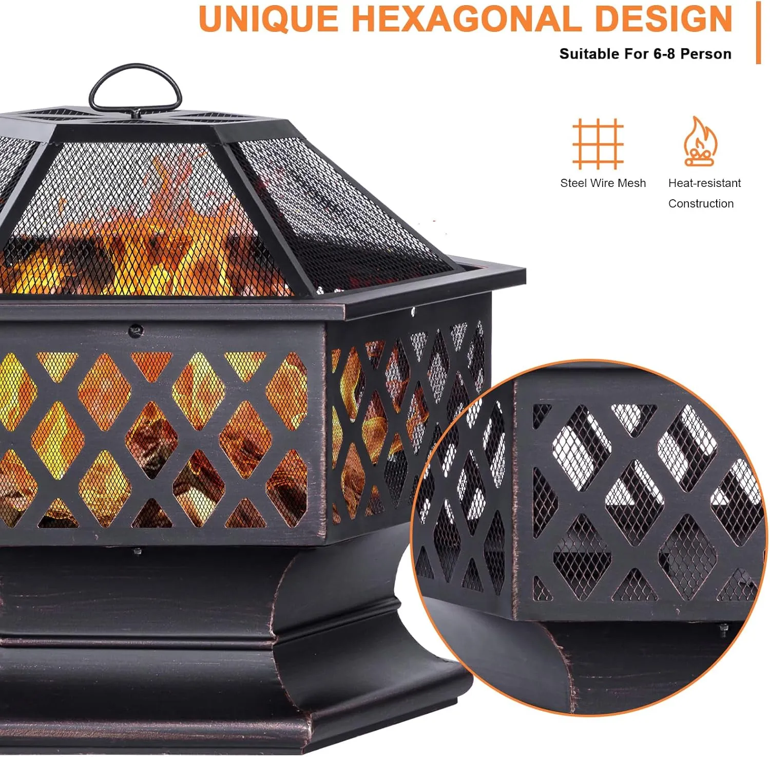 Outdoor Fire Pit, Hexagon Shaped Wood Burning Firepit for Outside Bonfire, Patio, Backyard and Camping (Antique Bronze, 28 Inch)