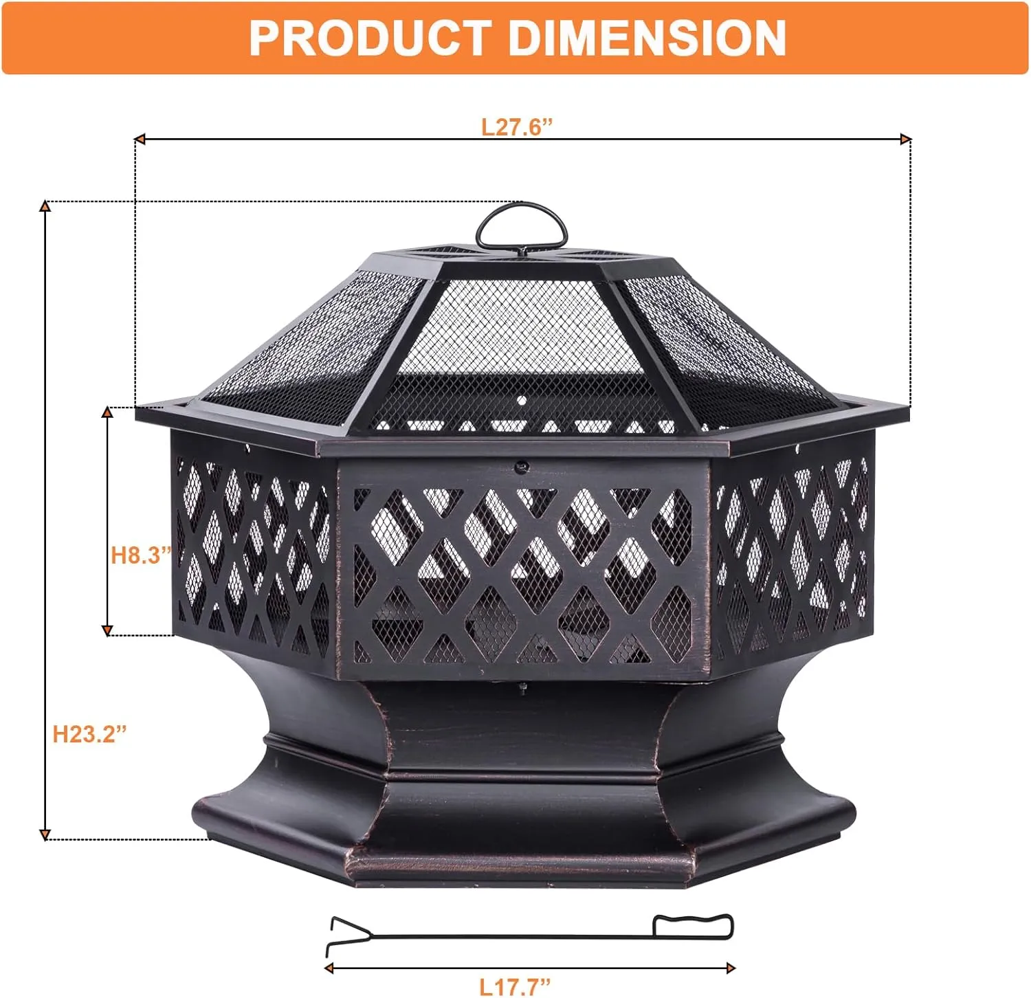 Outdoor Fire Pit, Hexagon Shaped Wood Burning Firepit for Outside Bonfire, Patio, Backyard and Camping (Antique Bronze, 28 Inch)