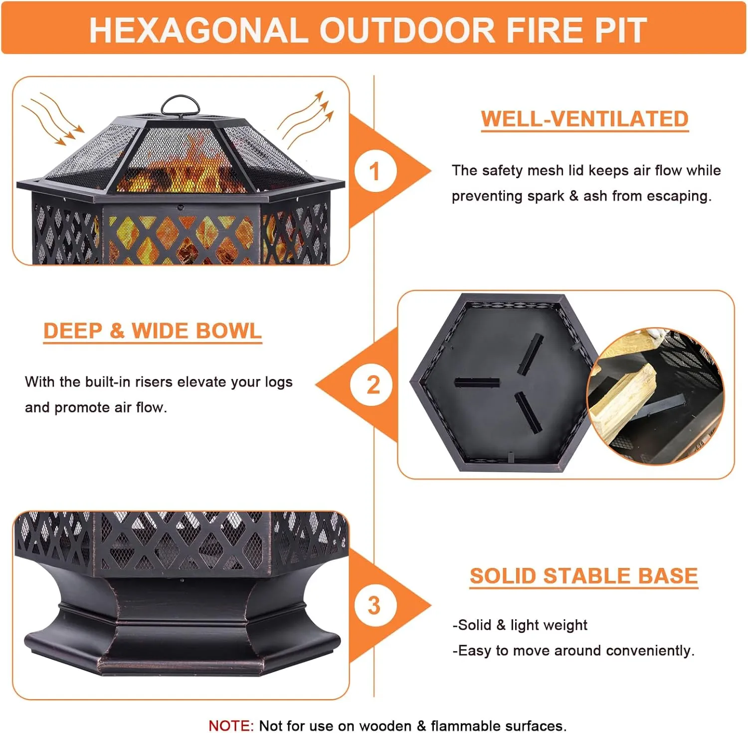 Outdoor Fire Pit, Hexagon Shaped Wood Burning Firepit for Outside Bonfire, Patio, Backyard and Camping (Antique Bronze, 28 Inch)