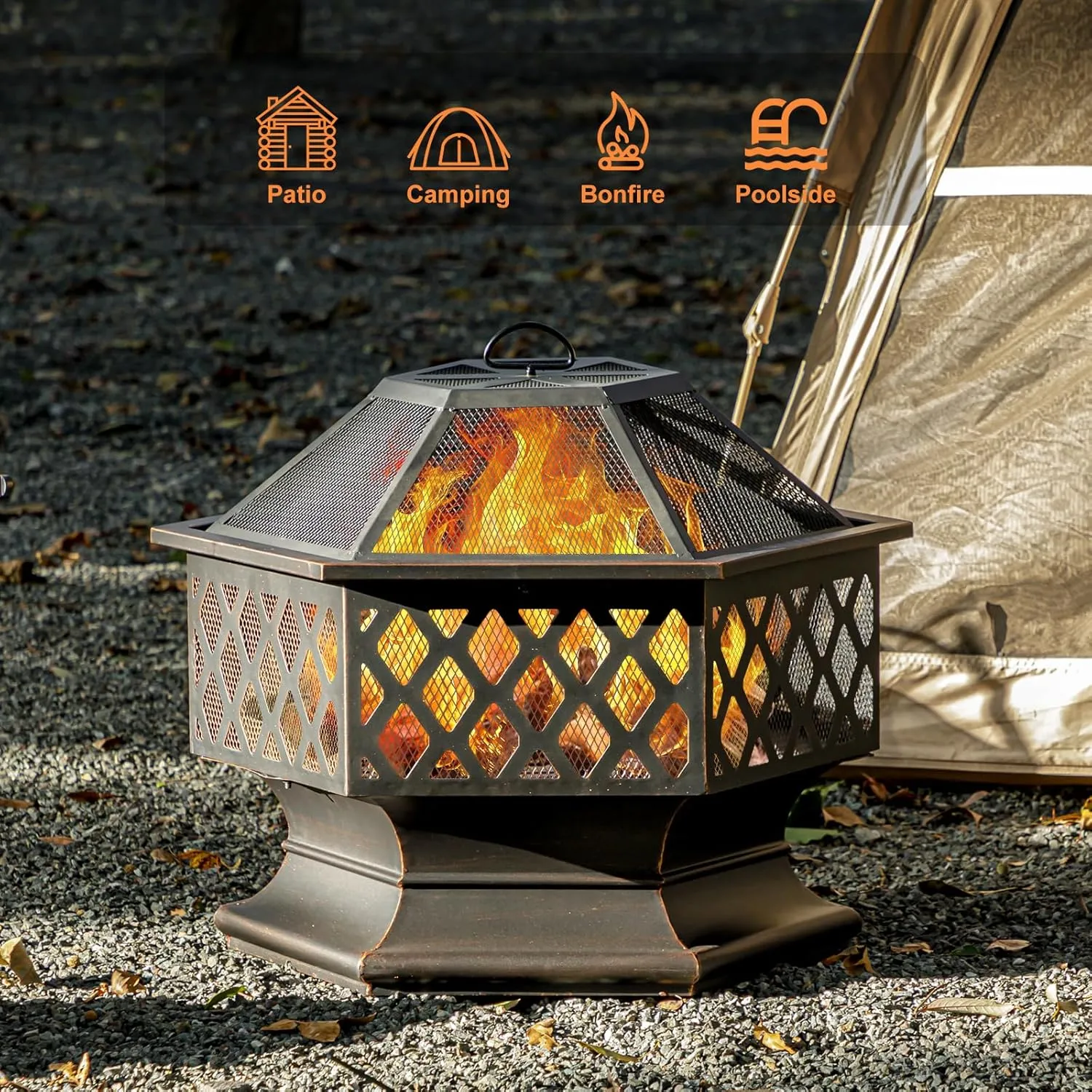 Outdoor Fire Pit, Hexagon Shaped Wood Burning Firepit for Outside Bonfire, Patio, Backyard and Camping (Antique Bronze, 28 Inch)