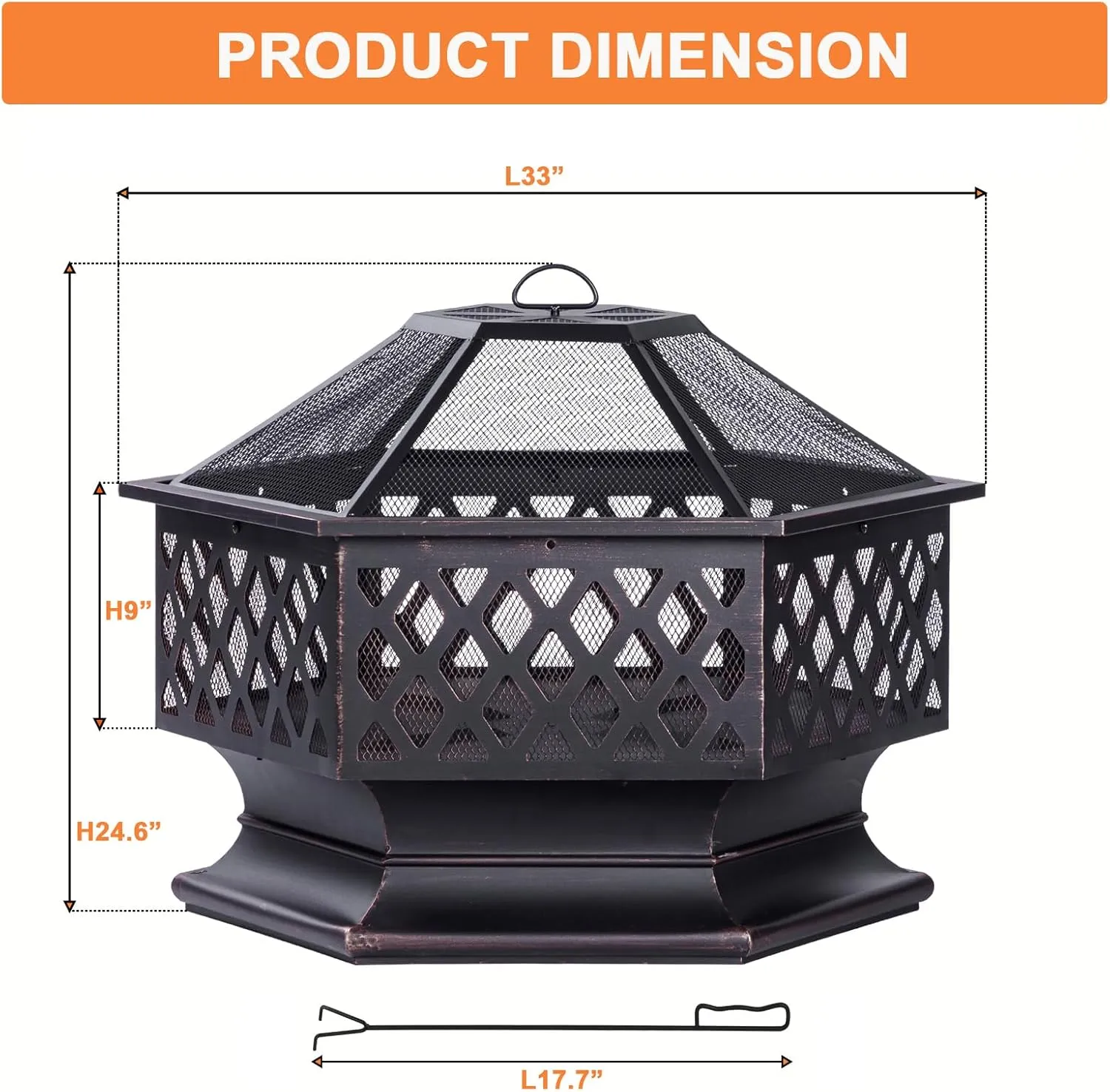 Outdoor Fire Pit, Hexagon Shaped Wood Burning Firepit for Outside Bonfire, Patio, Backyard and Camping (Antique Bronze, 33 Inch)