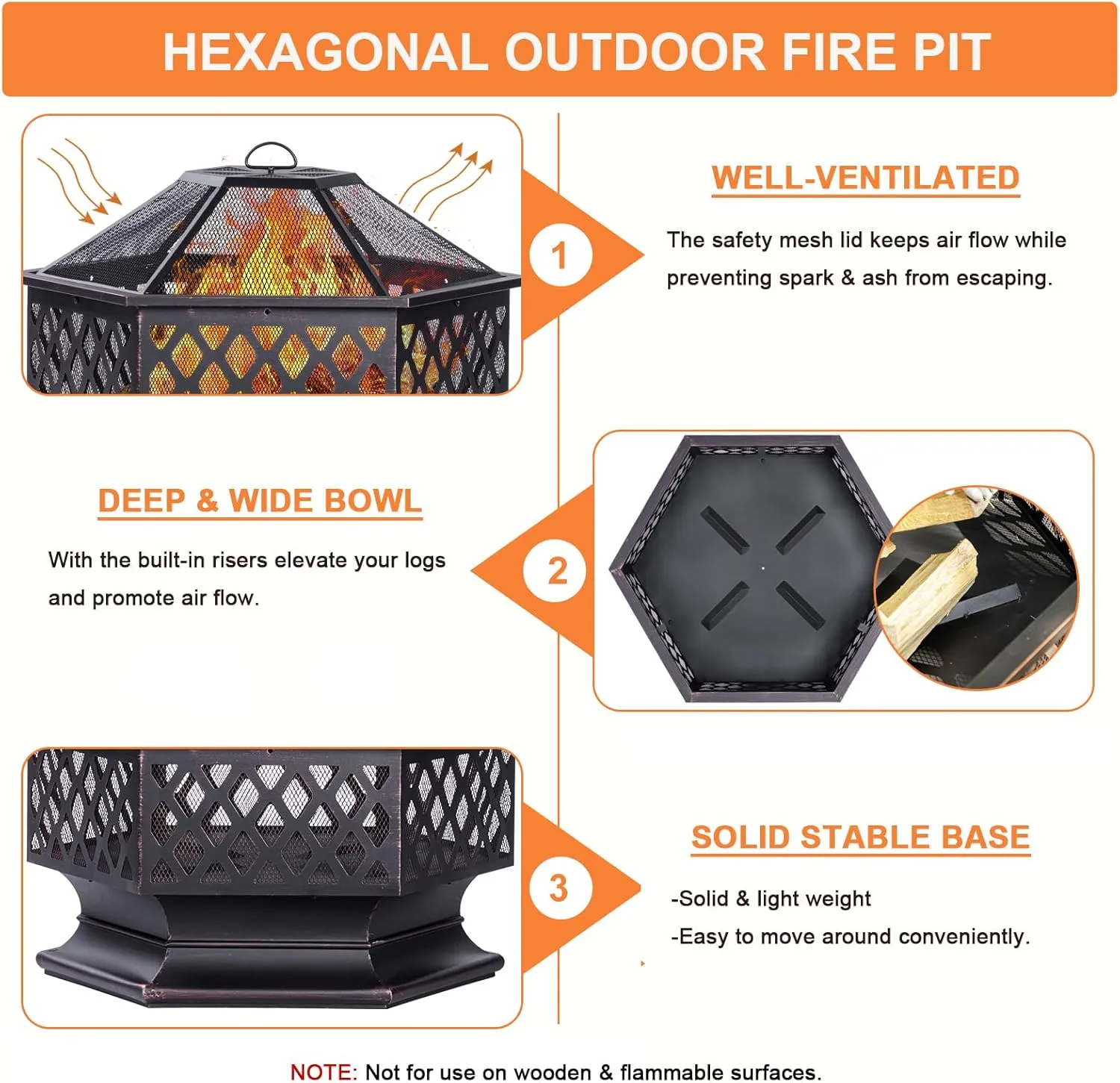 Outdoor Fire Pit, Hexagon Shaped Wood Burning Firepit for Outside Bonfire, Patio, Backyard and Camping (Antique Bronze, 33 Inch)