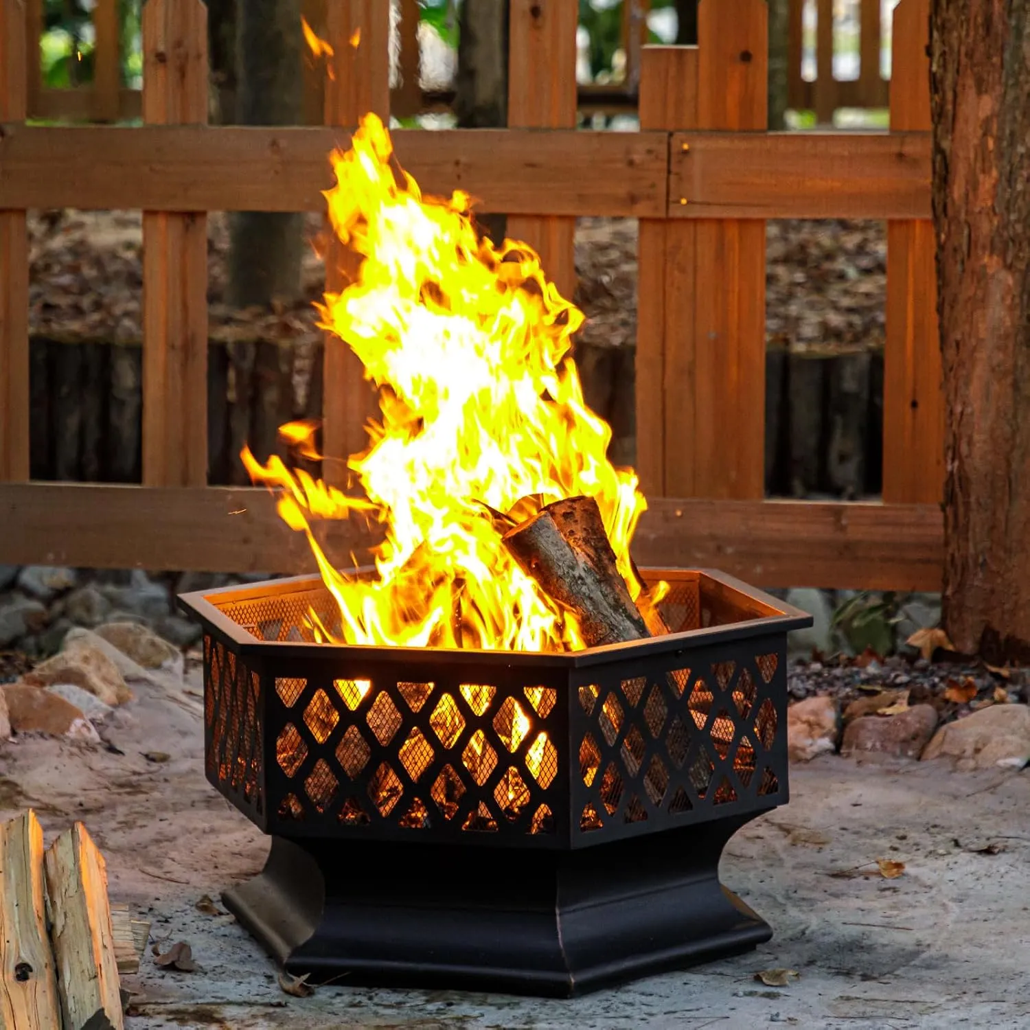 Outdoor Fire Pit, Hexagon Shaped Wood Burning Firepit for Outside Bonfire, Patio, Backyard and Camping (Antique Bronze, 33 Inch)