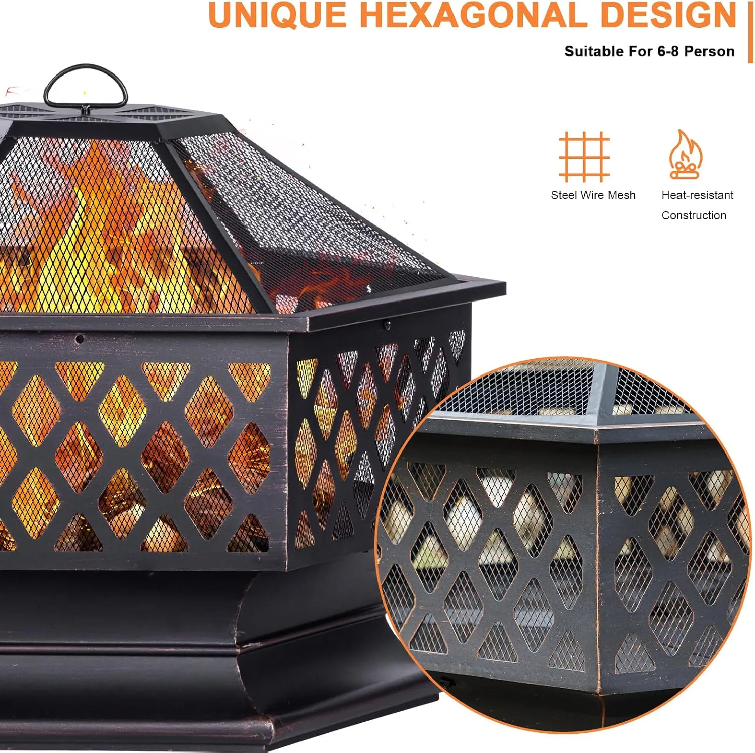 Outdoor Fire Pit, Hexagon Shaped Wood Burning Firepit for Outside Bonfire, Patio, Backyard and Camping (Antique Bronze, 33 Inch)