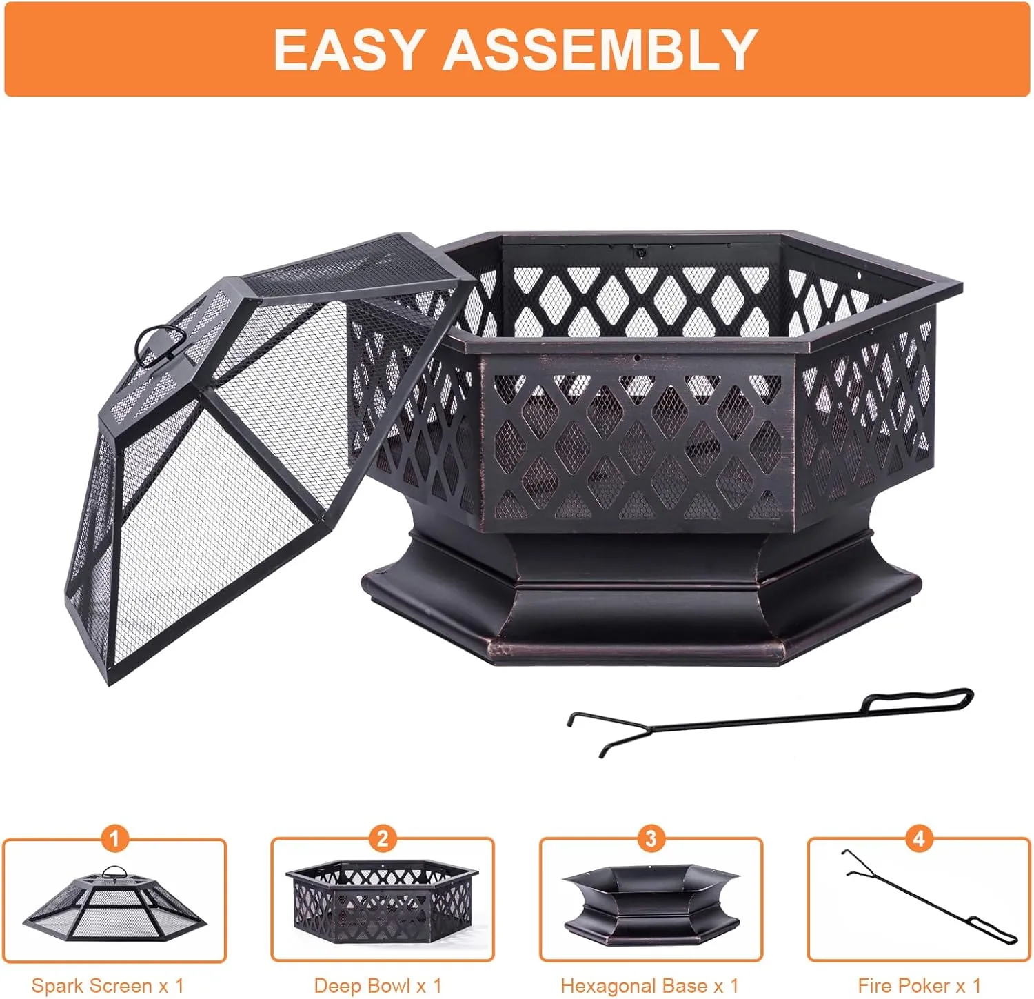 Outdoor Fire Pit, Hexagon Shaped Wood Burning Firepit for Outside Bonfire, Patio, Backyard and Camping (Antique Bronze, 33 Inch)