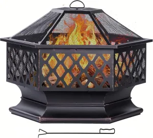 Outdoor Fire Pit, Hexagon Shaped Wood Burning Firepit for Outside Bonfire, Patio, Backyard and Camping (Antique Bronze, 33 Inch)