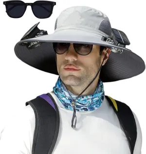 Outdoor Wide Brim Sun Hat with 2 Solar Fan Fishing Hat for Men&Women,Outdoor Waterproof Upf0 Sun Hat with Sunglasses