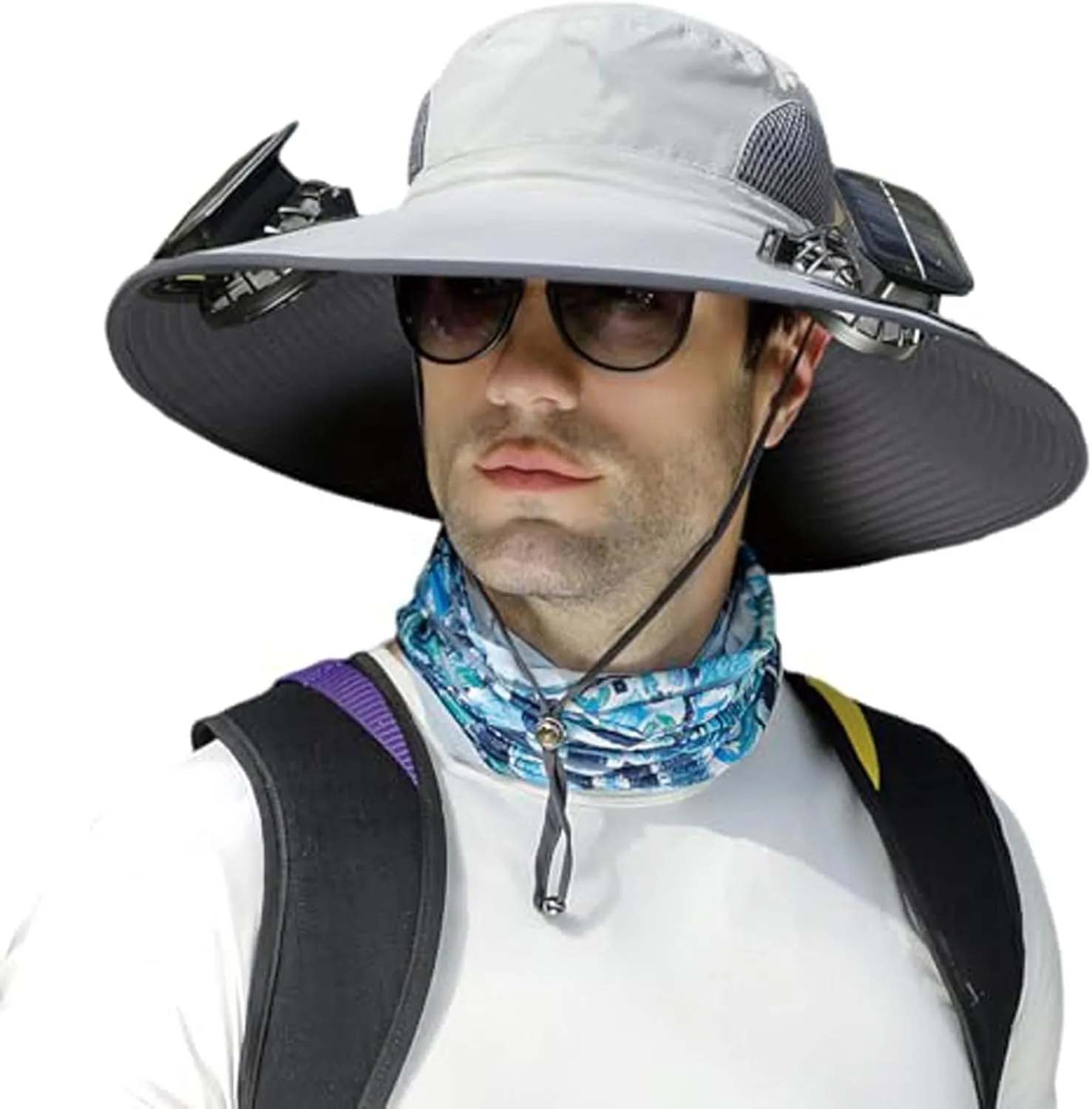 Outdoor Wide Brim Sun Hat with 2 Solar Fan Fishing Hat for Men&Women,Outdoor Waterproof Upf0 Sun Hat with Sunglasses