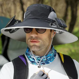 Outdoor Wide Brim Sun Hat with 2 Solar Fan Sun Bucket Hat for Men Women UPF 50  Bucket Fishing & Beach Hat with Fan Built in