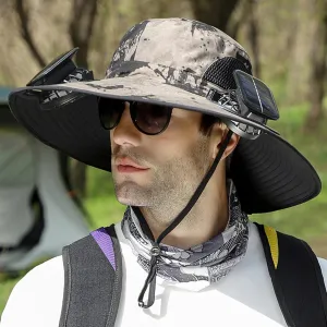 Outdoor Wide Brim Sun Hat with 2 Solar Fan Sun Bucket Hat for Men Women UPF 50  Bucket Fishing & Beach Hat with Fan Built in