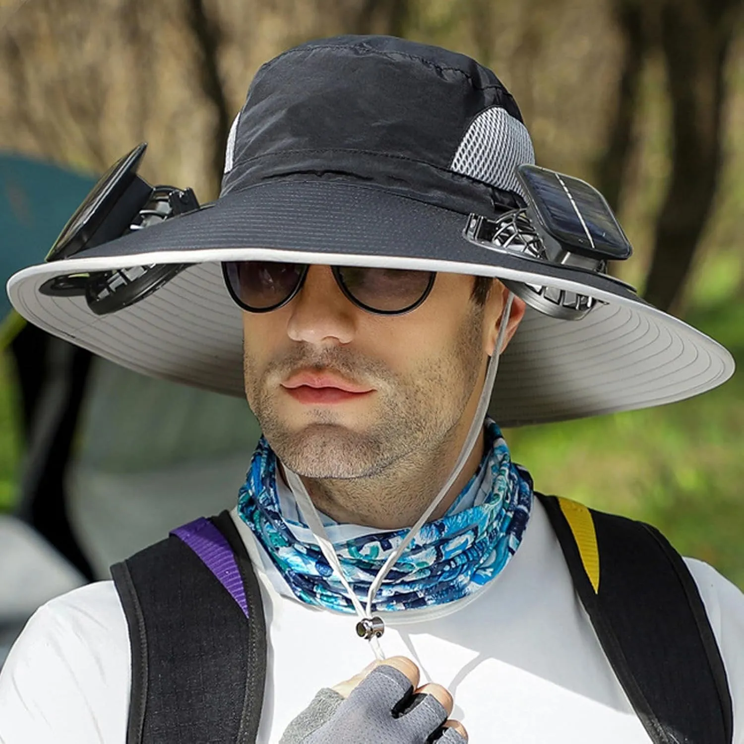 Outdoor Wide Brim Sun Hat with 2 Solar Fan Sun Bucket Hat for Men Women UPF 50  Bucket Fishing & Beach Hat with Fan Built in