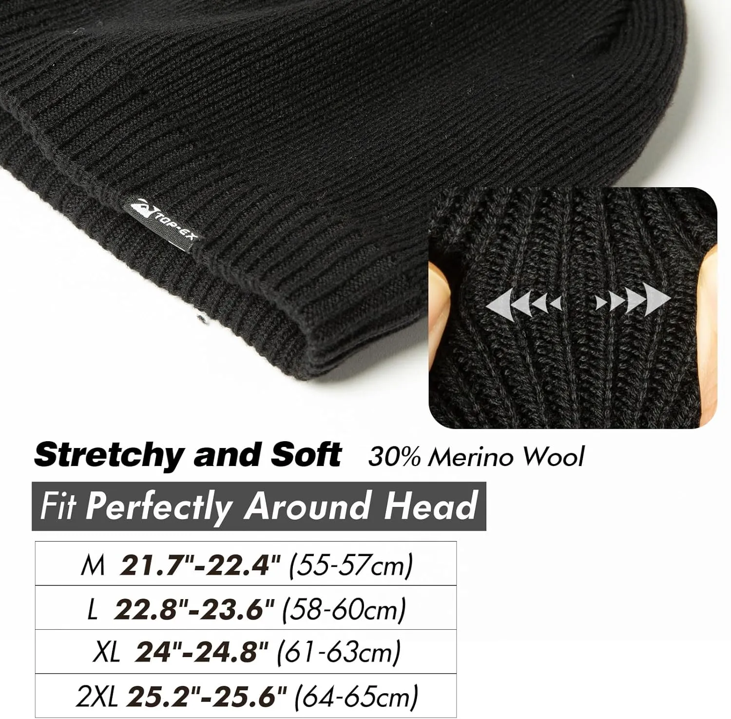 Oversized L/XL/XXL Waterproof Merino Wool Blend Beanie Fleece Lined Knit Hat for All-Weather Winter Warm