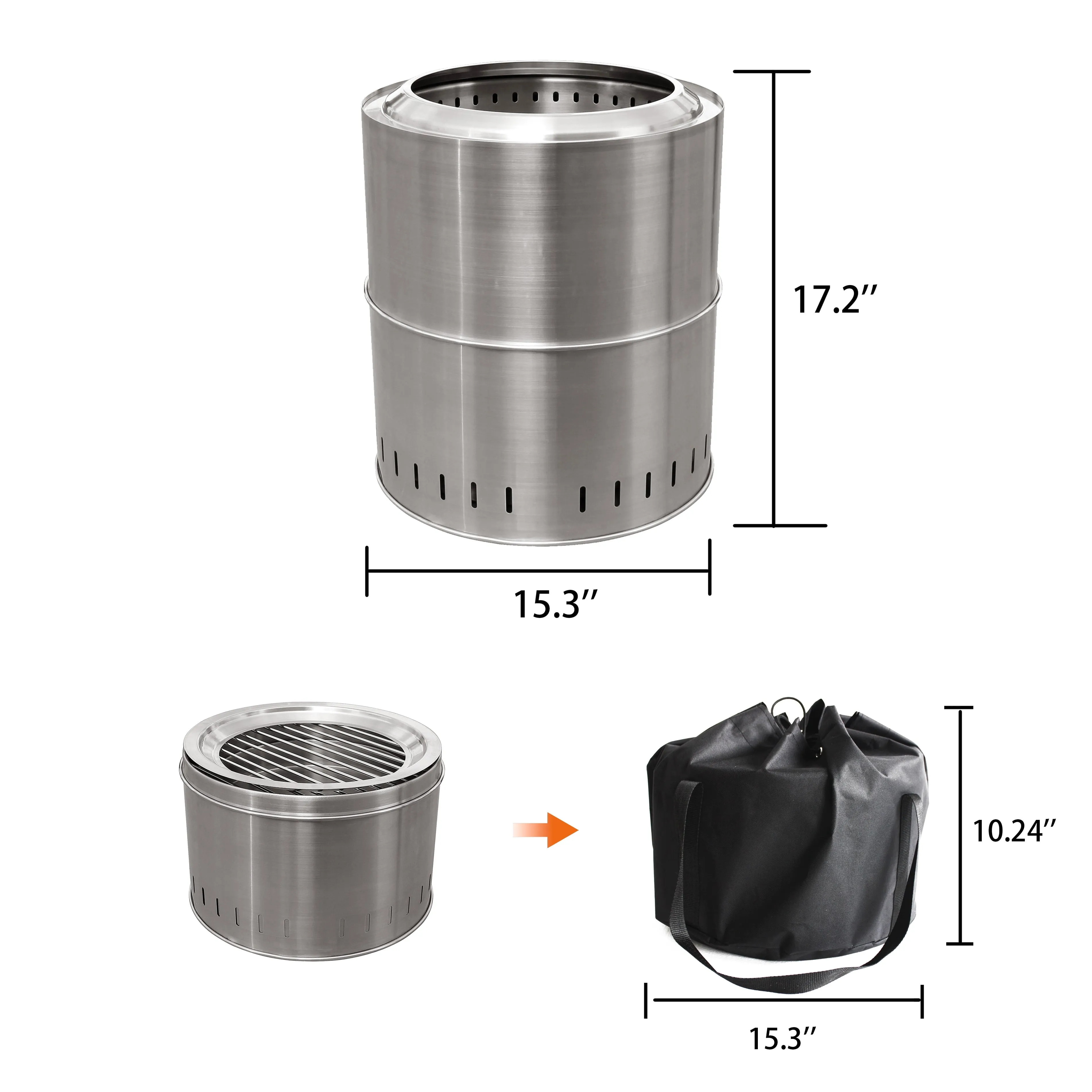 Ozark Trail 15" Collapsible Stainless Steel Fire Pit, Smokeless Fire Pit, for Outside Camping with Carry Bag
