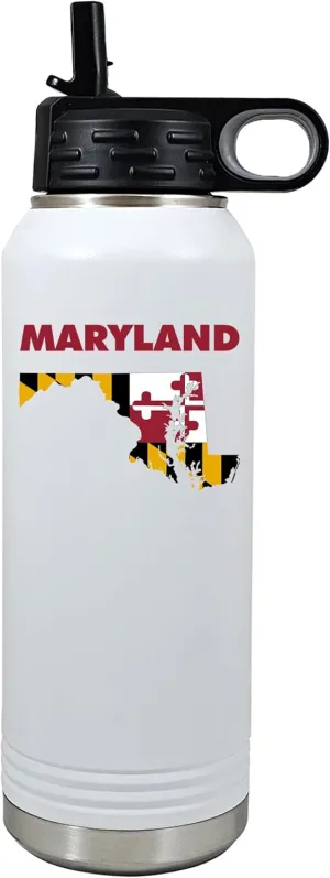 Palm City Products Maryland Flag Water Bottle – 32 oz White Insulated Tumbler with Flip Straw Lid – Maryland State Souvenir & Gift for Maryland Natives