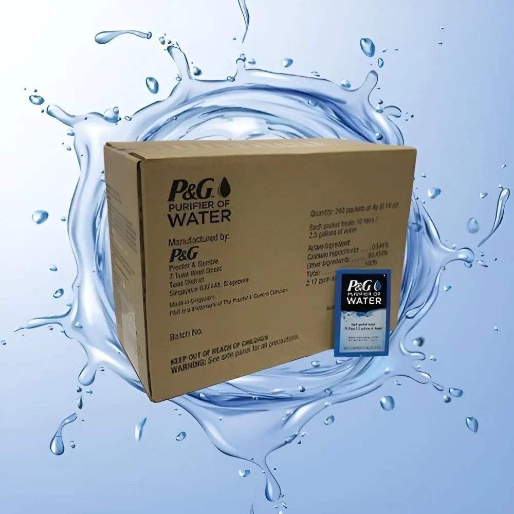 P&G Purifier of Water Portable Water Purifier Packets (Box of 240 Packets). Emergency Water Filter Purification Powder Packs for Camping, Hiking, Backpacking, Hunting, and Traveling.