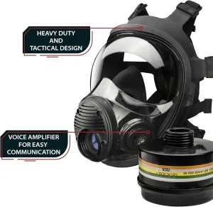 Parcil Distribution NB-100V Tactical Gas Mask with Voice Amplifier - Full Face Respirator with Central 40mm Defense Filter
