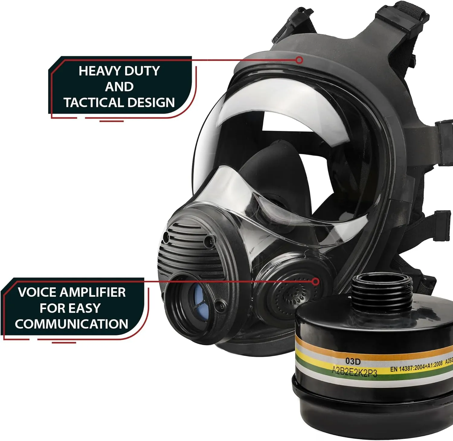 Parcil Distribution NB-100V Tactical Gas Mask with Voice Amplifier - Full Face Respirator with Central 40mm Defense Filter