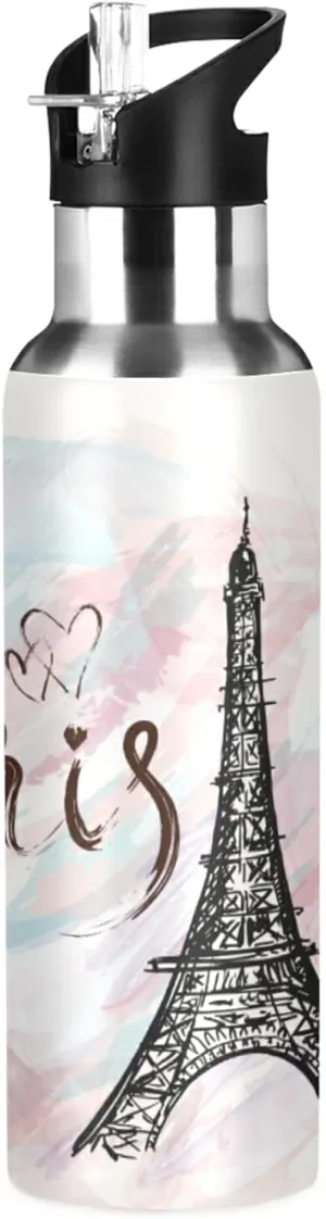 Paris Water Bottle Kids Bottle with Straw Lid Eiffel Tower Paris Kids Insulated Stainless Steel Water Flask Leakproof Bottle for Gym Outdoor 20 oz