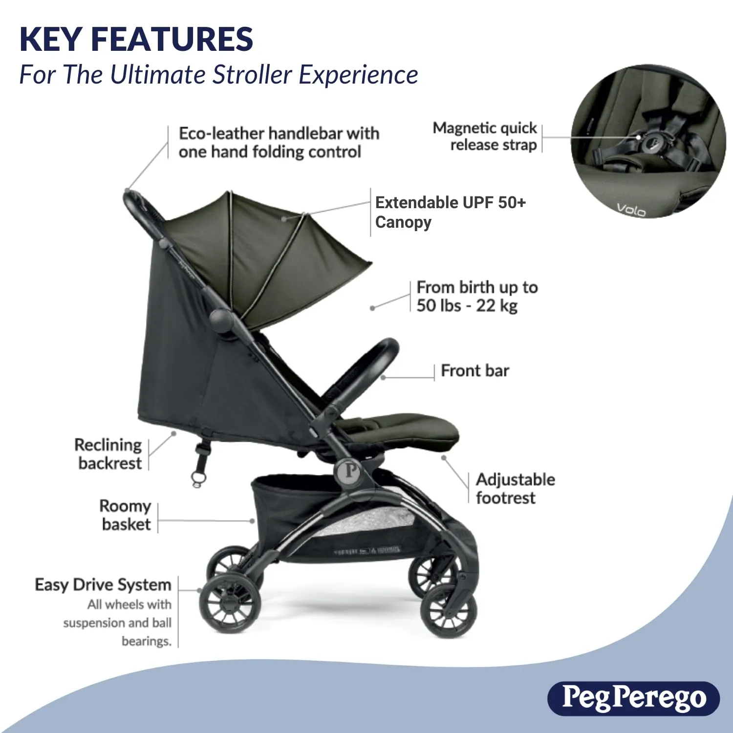 Peg Perego Volo, Ultra Lightweight Carry On Compliant Travel Stroller, Adjustable Features & Reclining Seat - Designed for Everyday Comfort from Newborn to 50lbs, Malva (Dusty Rose)