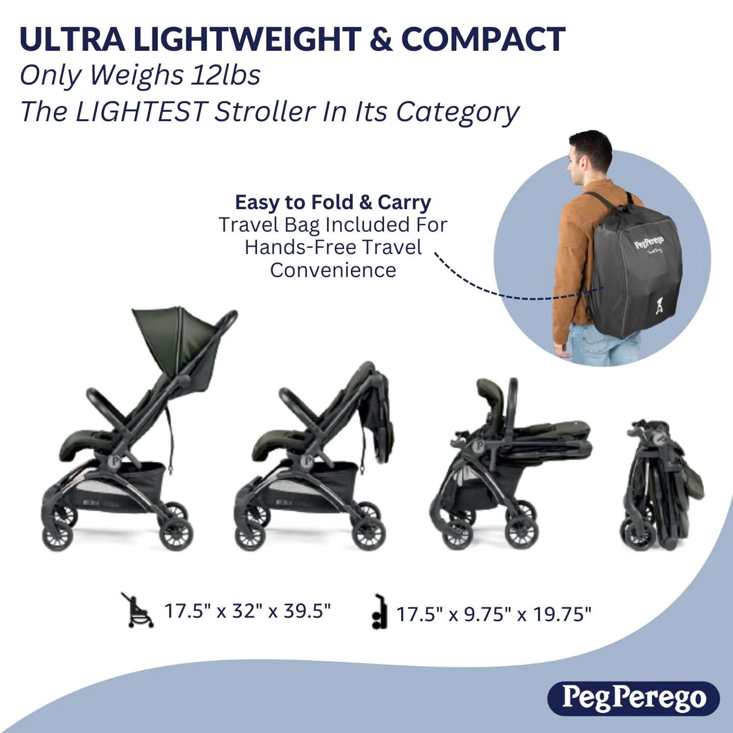 Peg Perego Volo, Ultra Lightweight Carry On Compliant Travel Stroller, Adjustable Features & Reclining Seat - Designed for Everyday Comfort from Newborn to 50lbs, Malva (Dusty Rose)