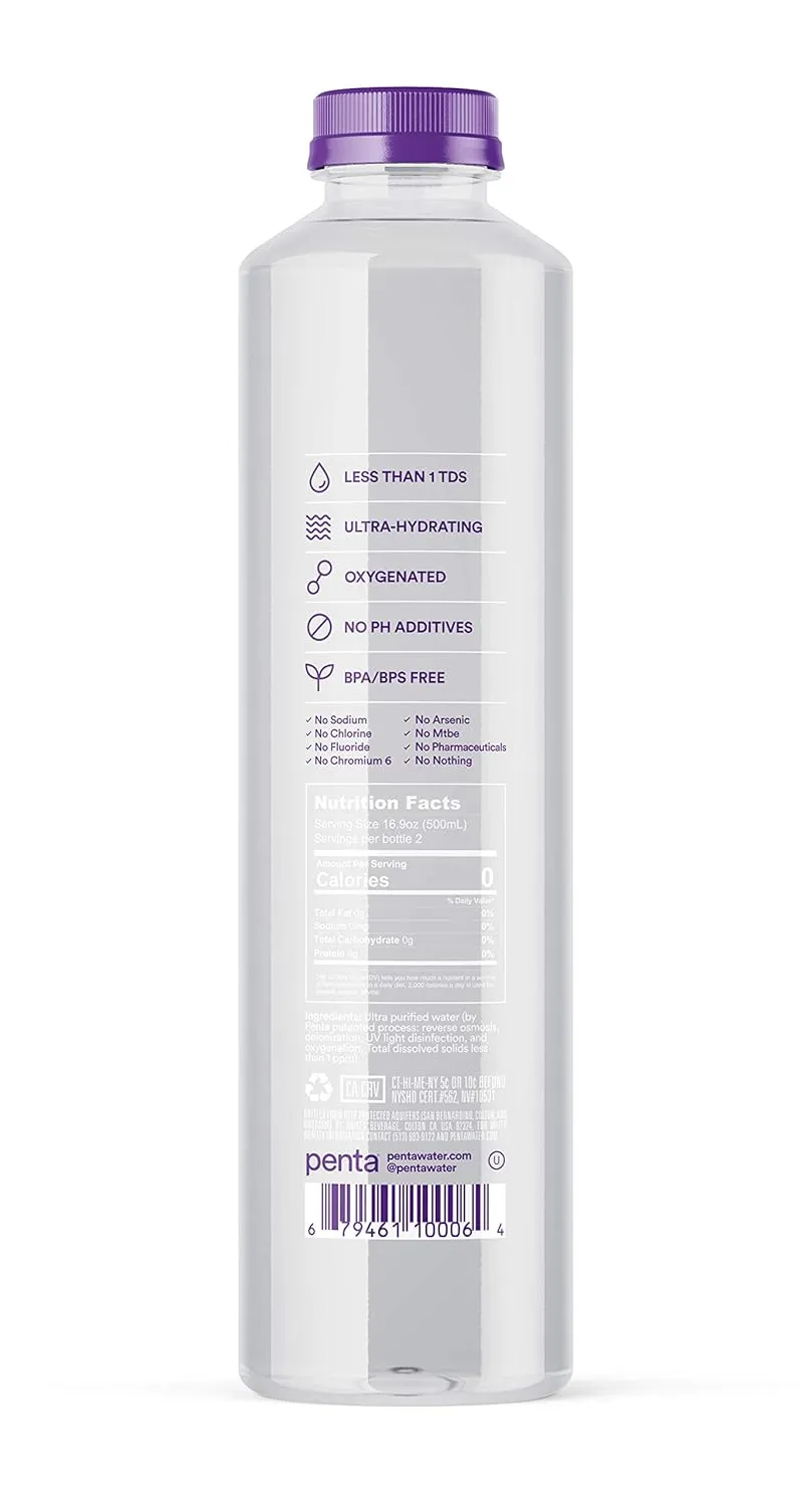 Penta Ultra-Purified Water, Oxygen Infused Natural pH Hydration, Solar-Powered 13 Step Purification Process, 33.8 Fl Oz (Pack of 12)