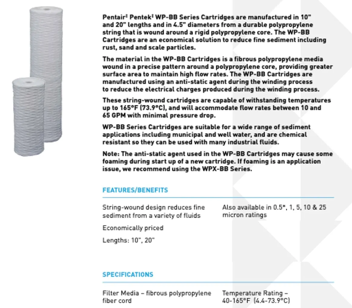 Pentair Pentek WP5BB97P Big Blue Sediment Water Filter, 10-Inch, Whole House Polypropylene String-Wound Filter Cartridge, 10" x 4.5", 5 Micron
