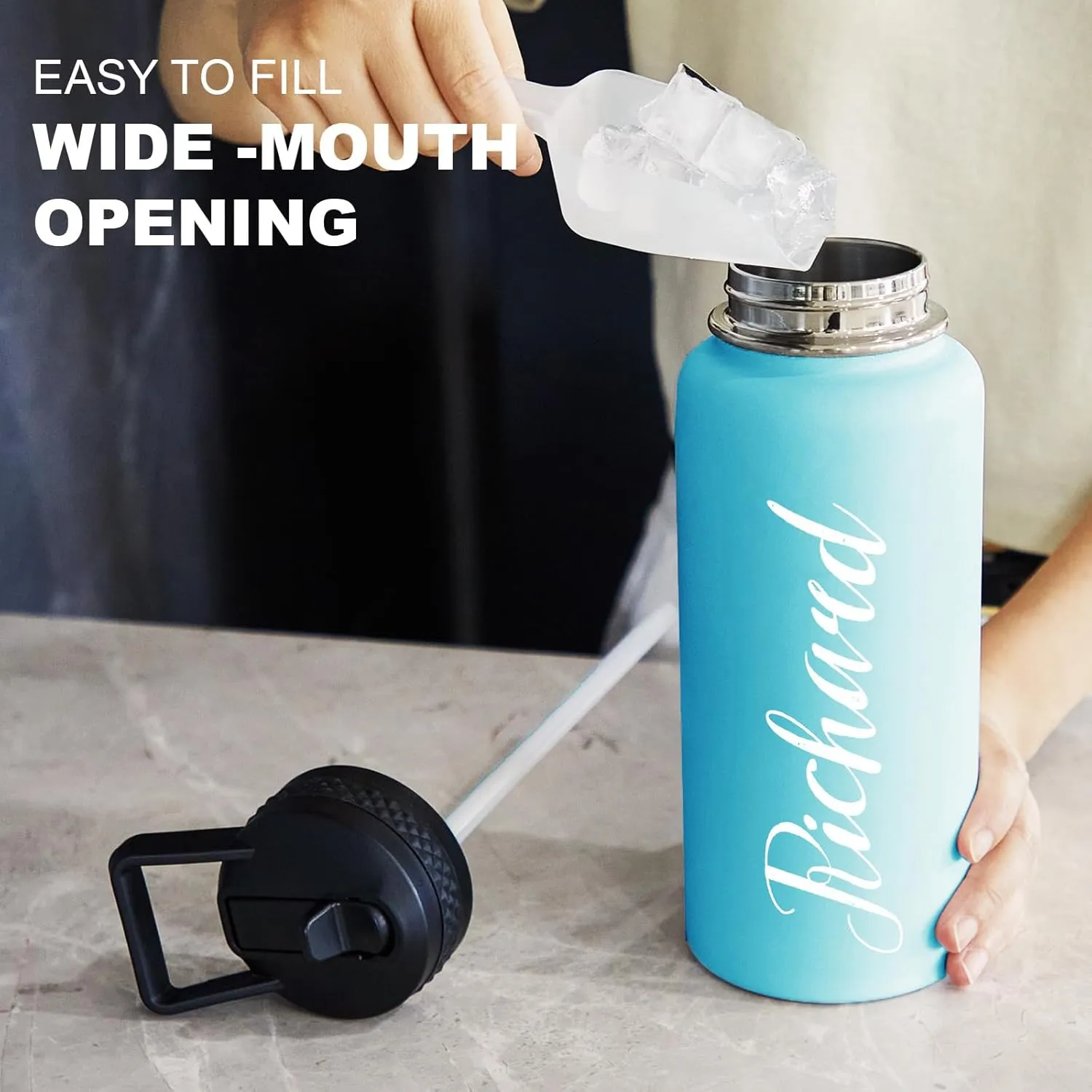 Personalized Custom Water Bottle with Text Photo Print in USA 32oz Double Wall Stainless Steel Leakproof Wide Mouth Cup with Flip Straw