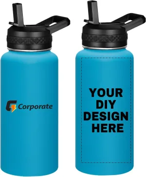 Personalized Custom Water Bottle with Text Photo Print in USA 32oz Double Wall Stainless Steel Leakproof Wide Mouth Cup with Flip Straw